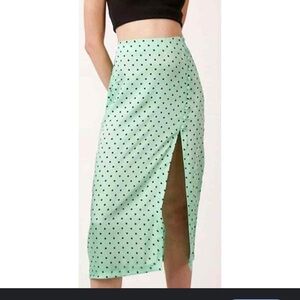 ZARA Satin M Mint Chocolate Chip Green Polka Dot Slide Slit Button Maxi Skirt